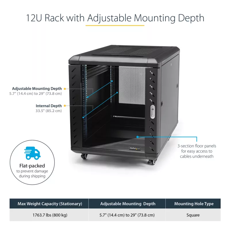 StarTech.com 4-paals 12U serverrack, afsluitbare 19-inch datakast voor computer-/AV-/IT-apparatuur, kantoor-/thuisnetwerkrack met wielen & verstelbare montagerails