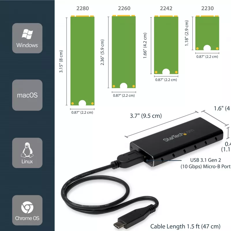 StarTech.com M.2 SSD-behuizing voor M.2 SATA SSD's - USB 3.1 (10 Gbit/s) met USB-C-kabel