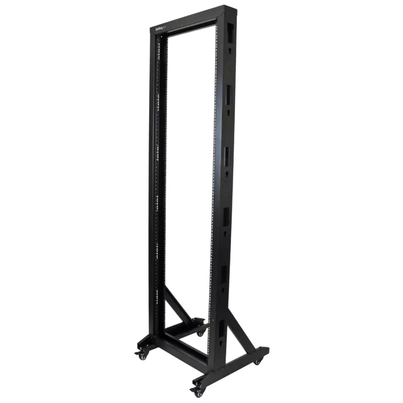 StarTech.com 2-paal 42U mobiel open-frame serverrack, tweepaal 19-inch netwerkrack met wielen, verrijdbaar open rack voor AV/data/media/IT-apparatuur, computerrack voor thuis/kantoor - zwenkwielen inbegrepen