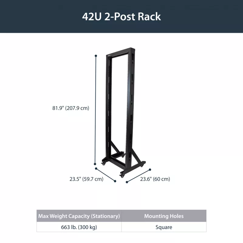 StarTech.com 2-paal 42U mobiel open-frame serverrack, tweepaal 19-inch netwerkrack met wielen, verrijdbaar open rack voor AV/data/media/IT-apparatuur, computerrack voor thuis/kantoor - zwenkwielen inbegrepen