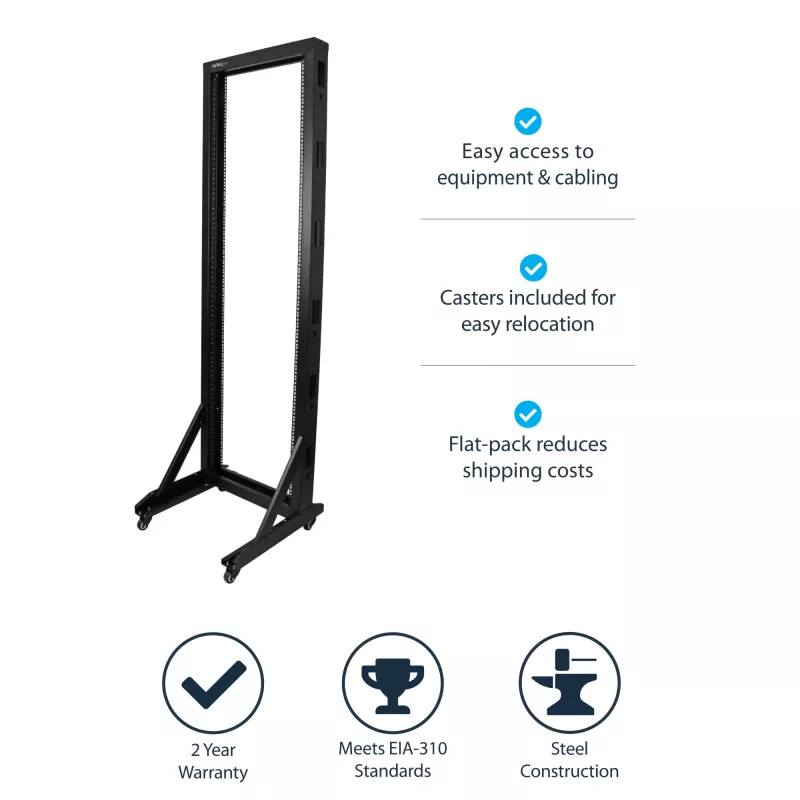 StarTech.com 2-paal 42U mobiel open-frame serverrack, tweepaal 19-inch netwerkrack met wielen, verrijdbaar open rack voor AV/data/media/IT-apparatuur, computerrack voor thuis/kantoor - zwenkwielen inbegrepen