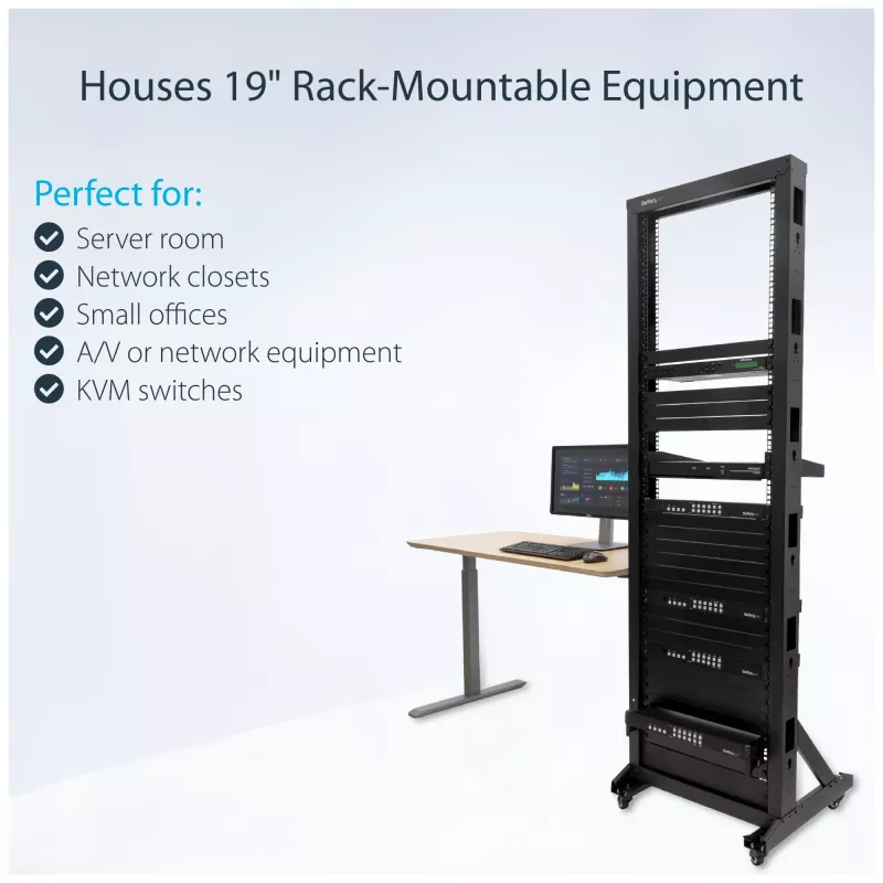 StarTech.com 2-paal 42U mobiel open-frame serverrack, tweepaal 19-inch netwerkrack met wielen, verrijdbaar open rack voor AV/data/media/IT-apparatuur, computerrack voor thuis/kantoor - zwenkwielen inbegrepen