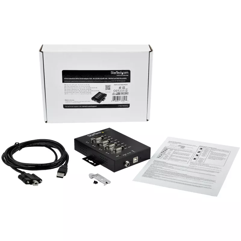 StarTech.com 4-poorts seriële hub USB naar RS232/RS485/RS422 adapter - industriële USB 2.0 naar DB9 seriële converter hub - IP30-gecertificeerd - DIN-rail monteerbare seriële metalen hub - 15kV ESD-beveiliging