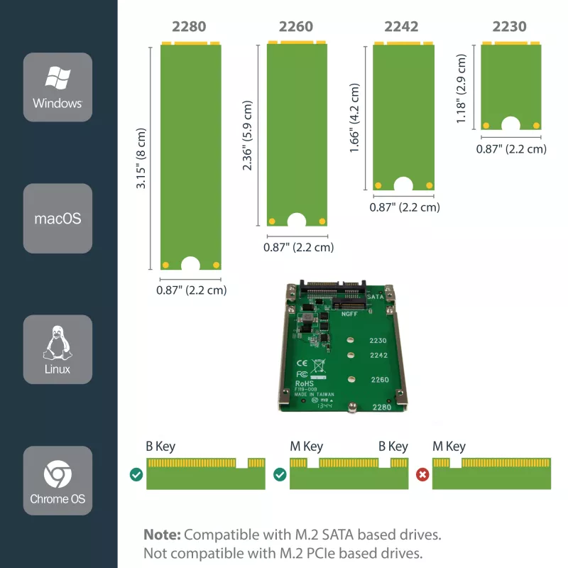 StarTech.com M.2 SATA SSD naar 2,5 inch SATA adapter - M.2 NGFF naar SATA converter - 7mm - open-frame houder - M2 harddiskadapter