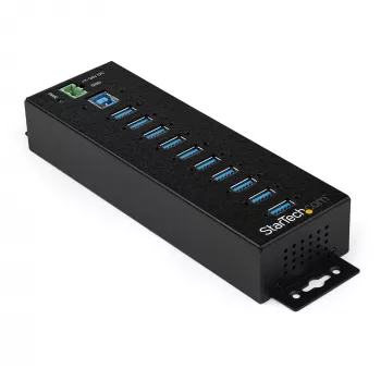 StarTech.com 10-poorts USB 3.0-hub met voeding - industriële USB-A-hub van metaal met ESD- en 350 W-overspanningsbeveiliging – DIN-rail-/wand-/tafelmontage – High-Speed USB 3.2 Gen 1 (5 Gbit/s) hub