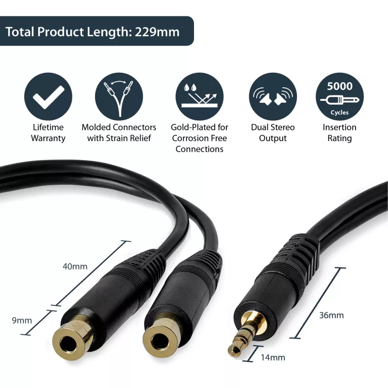 StarTech.com 15 cm stereo-splitterkabel – 3,5 mm stekker naar 2x 3,5 mm bus