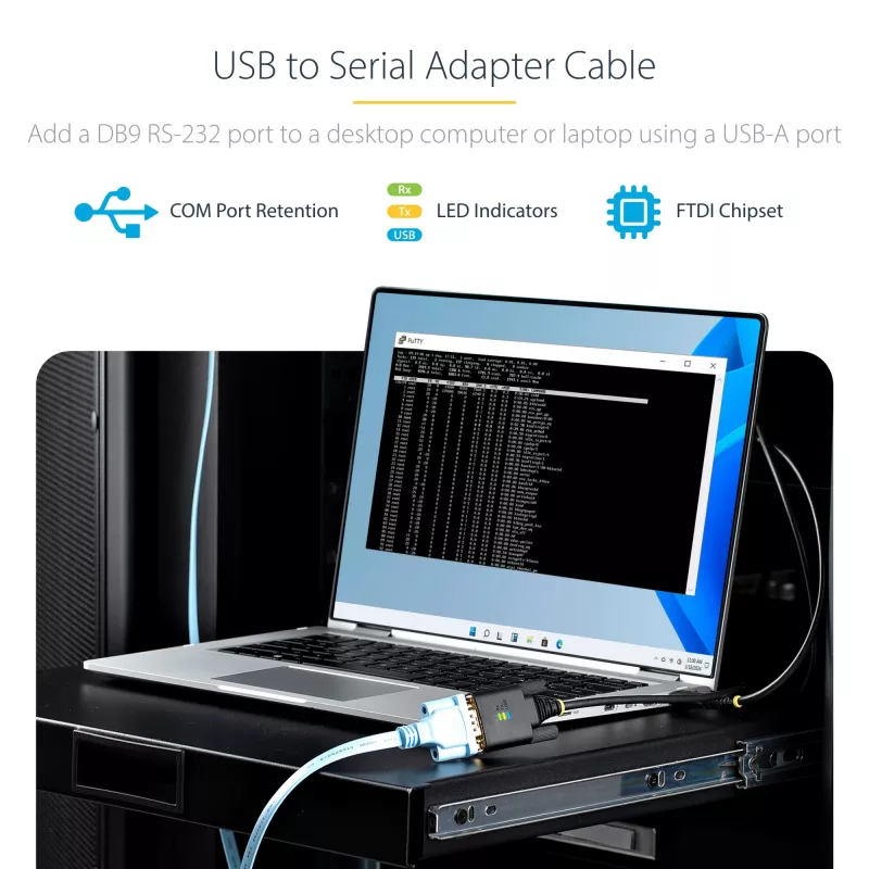 StarTech.com 3 m USB-naar-serieel-adapterkabel, COM-behoud, verwisselbare schroeven/moeren, USB-A naar DB9 RS232, FTDI IC, ESD-bescherming, Windows/macOS/Linux