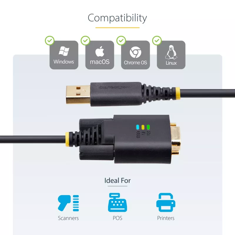 StarTech.com 3 m USB-naar-serieel-adapterkabel, COM-behoud, verwisselbare schroeven/moeren, USB-A naar DB9 RS232, FTDI IC, ESD-bescherming, Windows/macOS/Linux