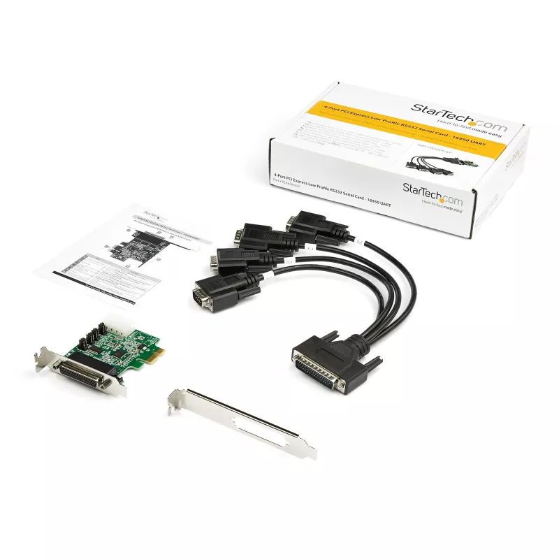 StarTech.com 4-poorts PCI Express RS232 seriële adapterkaart – PCIe RS232 seriële hostcontrollerkaart – PCIe naar serieel DB9 – 16950 UART – low-profile uitbreidingskaart – Windows/Linux – TAA