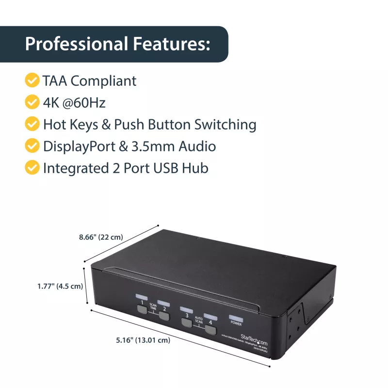 StarTech.com 4-poorts DisplayPort-KVM-switch – 4K 60 Hz – enkel scherm – dual-port UHD DP 1.2 USB-KVM-switch met geïntegreerde USB-2.0-hub & audio – Dell, HP, Apple, Lenovo – TAA-conform