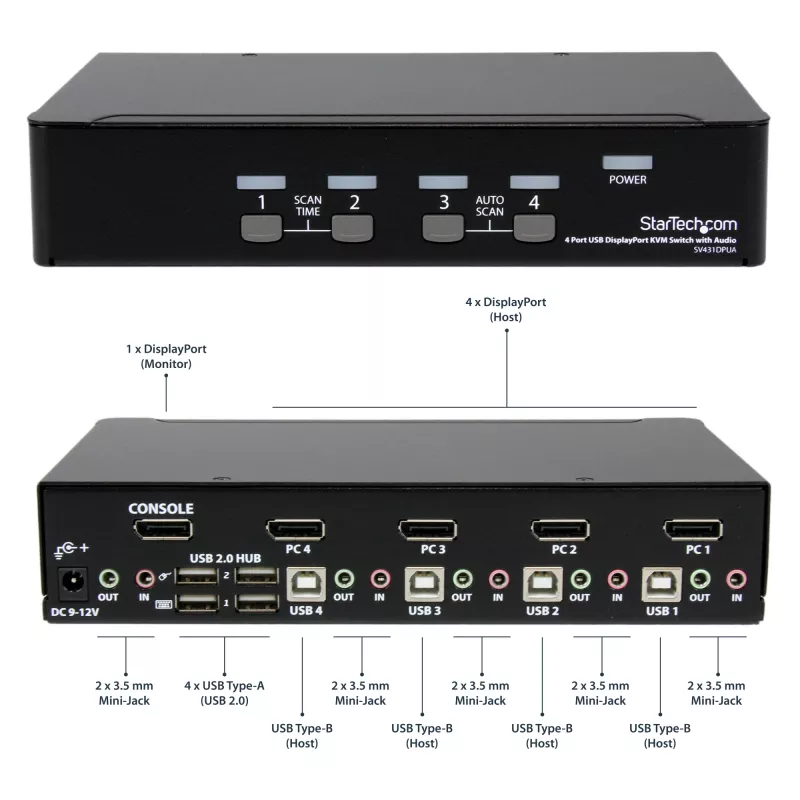 StarTech.com 4-poorts DisplayPort-KVM-switch – 4K 60 Hz – enkel scherm – dual-port UHD DP 1.2 USB-KVM-switch met geïntegreerde USB-2.0-hub & audio – Dell, HP, Apple, Lenovo – TAA-conform