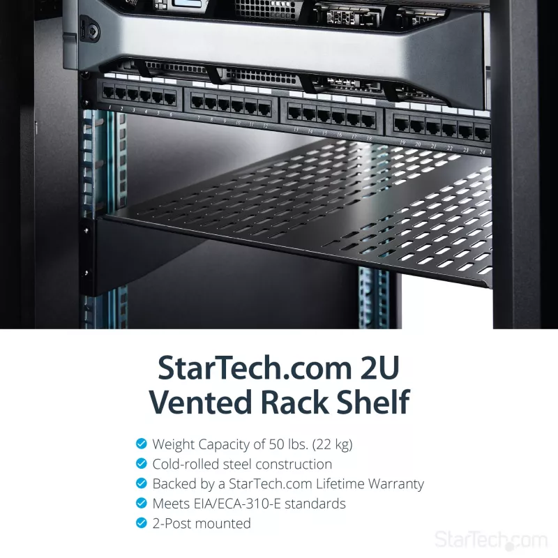 StarTech.com CABSHELF22V 2U geventileerde vaste legplank voor serverrack, 19″, 22″ (55,9 cm) diep, tot 22 kg, staal, zwart