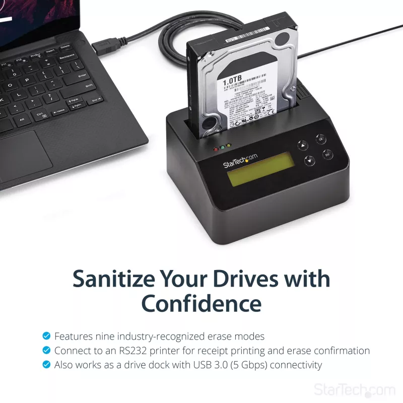 StarTech.com single bay harde schijf-wisser, standalone HDD/SSD-sanitizer, USB 3.0 naar SATA II (3 Gbit/s), 9 wismodi, LCD-display, veilige wisapparatuur harde schijven-sanitizer-dock, DB-9 printeraansluiting, TAA-conform