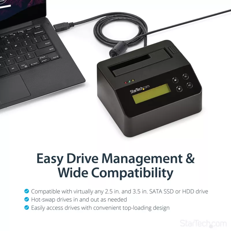 StarTech.com single bay harde schijf-wisser, standalone HDD/SSD-sanitizer, USB 3.0 naar SATA II (3 Gbit/s), 9 wismodi, LCD-display, veilige wisapparatuur harde schijven-sanitizer-dock, DB-9 printeraansluiting, TAA-conform