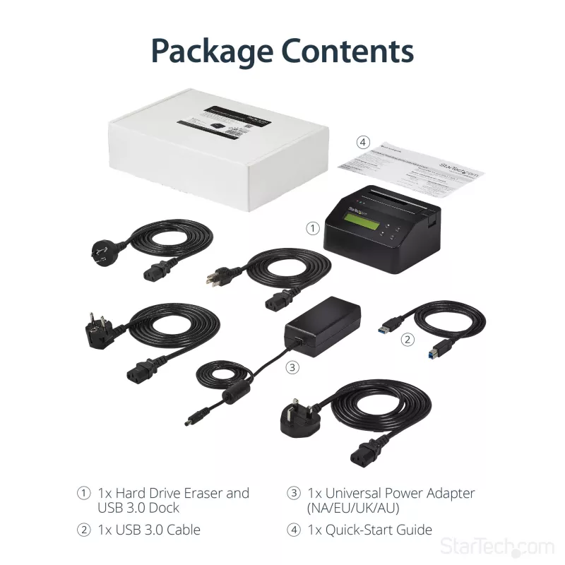 StarTech.com single bay harde schijf-wisser, standalone HDD/SSD-sanitizer, USB 3.0 naar SATA II (3 Gbit/s), 9 wismodi, LCD-display, veilige wisapparatuur harde schijven-sanitizer-dock, DB-9 printeraansluiting, TAA-conform