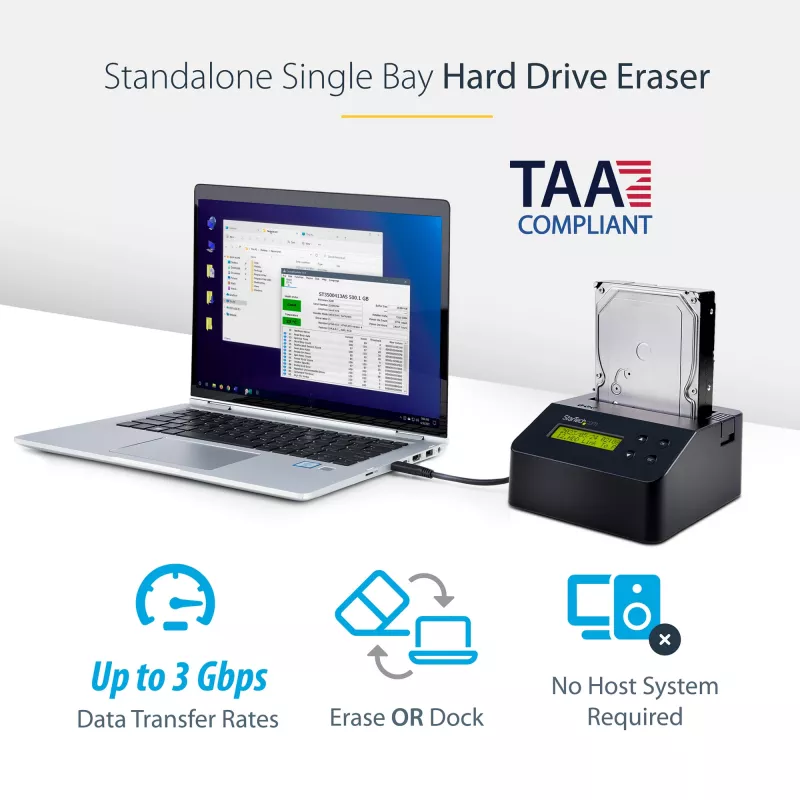 StarTech.com single bay harde schijf-wisser, standalone HDD/SSD-sanitizer, USB 3.0 naar SATA II (3 Gbit/s), 9 wismodi, LCD-display, veilige wisapparatuur harde schijven-sanitizer-dock, DB-9 printeraansluiting, TAA-conform