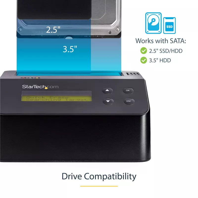 StarTech.com single bay harde schijf-wisser, standalone HDD/SSD-sanitizer, USB 3.0 naar SATA II (3 Gbit/s), 9 wismodi, LCD-display, veilige wisapparatuur harde schijven-sanitizer-dock, DB-9 printeraansluiting, TAA-conform