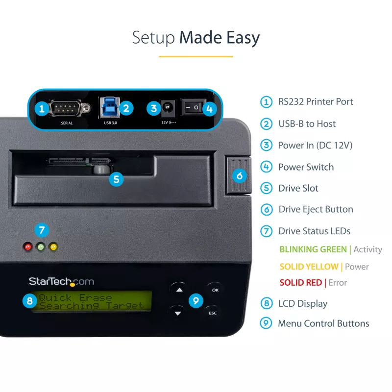 StarTech.com single bay harde schijf-wisser, standalone HDD/SSD-sanitizer, USB 3.0 naar SATA II (3 Gbit/s), 9 wismodi, LCD-display, veilige wisapparatuur harde schijven-sanitizer-dock, DB-9 printeraansluiting, TAA-conform