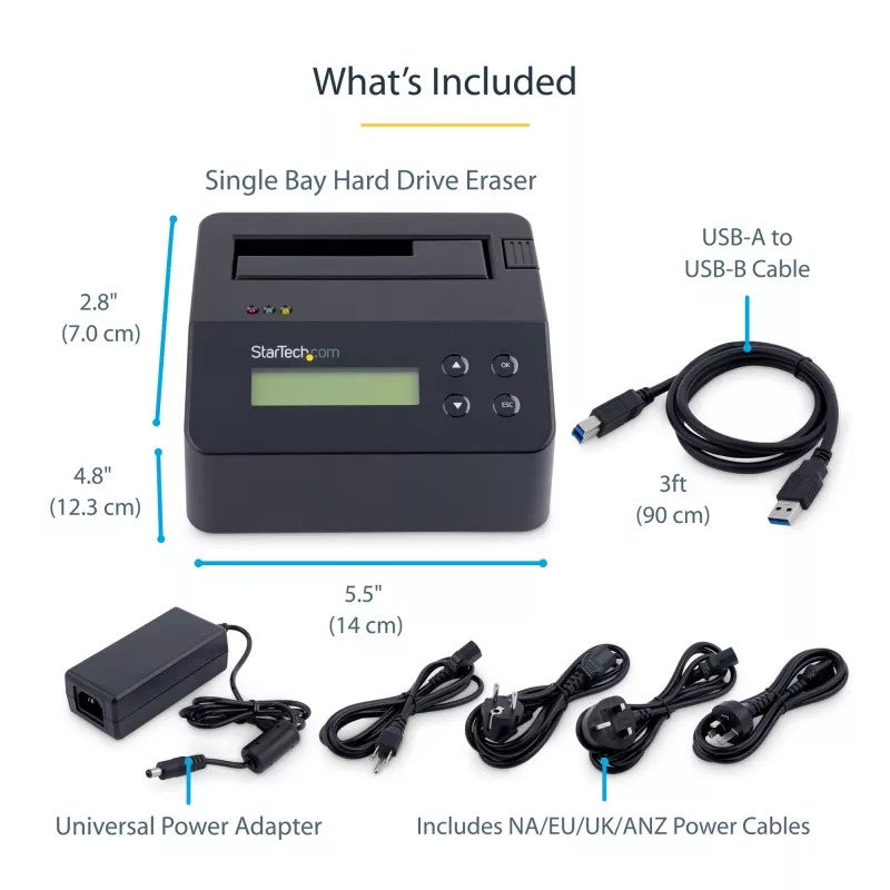 StarTech.com single bay harde schijf-wisser, standalone HDD/SSD-sanitizer, USB 3.0 naar SATA II (3 Gbit/s), 9 wismodi, LCD-display, veilige wisapparatuur harde schijven-sanitizer-dock, DB-9 printeraansluiting, TAA-conform