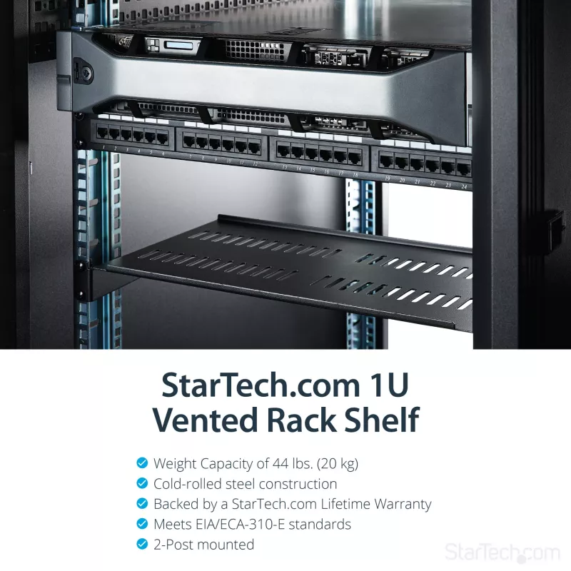 StarTech.com 1U serverrack-legbord – universeel, geventileerd rackmount kantelbaar legbord voor 19 inch netwerkkast en -behuizing – robuust staal – draagvermogen 20 kg – 10 inch diep legbord, zwart