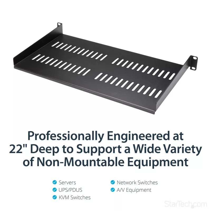 StarTech.com 1U serverrack-legbord – universeel, geventileerd rackmount kantelbaar legbord voor 19 inch netwerkkast en -behuizing – robuust staal – draagvermogen 20 kg – 10 inch diep legbord, zwart