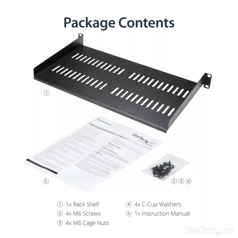StarTech.com 1U serverrack-legbord – universeel, geventileerd rackmount kantelbaar legbord voor 19 inch netwerkkast en -behuizing – robuust staal – draagvermogen 20 kg – 10 inch diep legbord, zwart