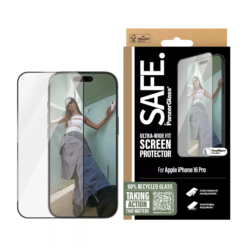 PanzerGlass SAFE. by ® displaybescherming met zwarte rand iPhone 16 Pro | Ultra-Wide Fit