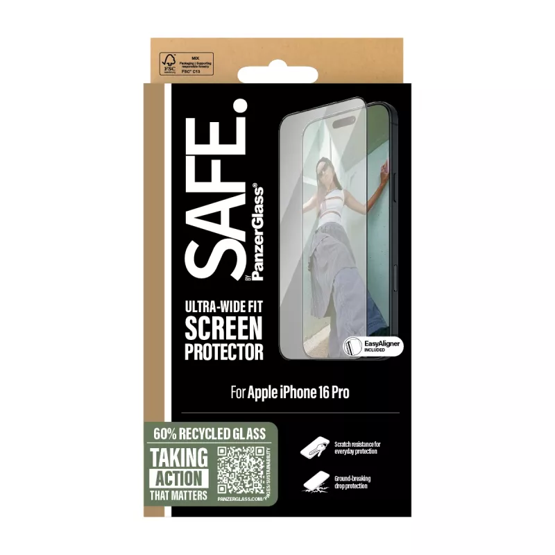 PanzerGlass SAFE. by ® displaybescherming met zwarte rand iPhone 16 Pro | Ultra-Wide Fit