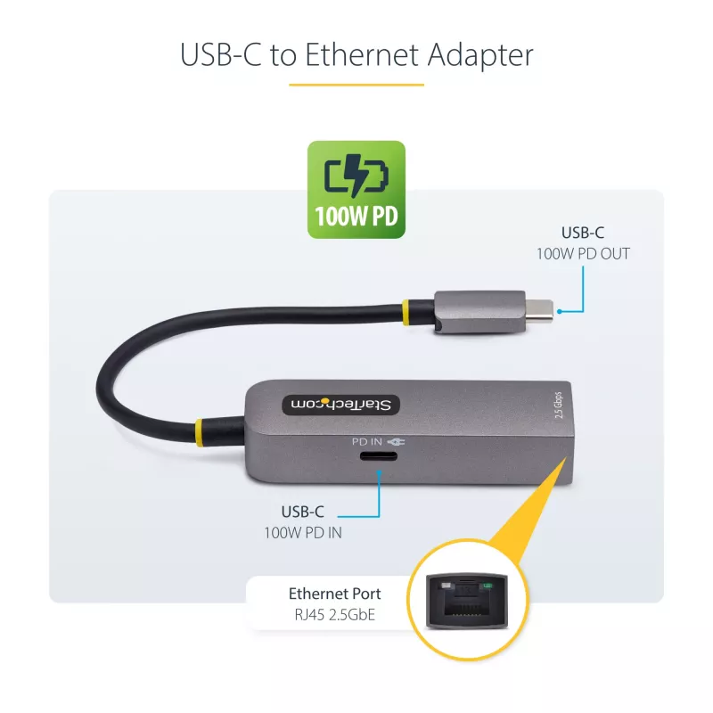 StarTech.com 2.5GbE USB-C naar Ethernet-adapter, 100W PD-passthrough, NBASE-T NIC, USB 3.0 Type-C 2.5/1G multi-speed netwerk, Thunderbolt-compatibel, Windows & Mac