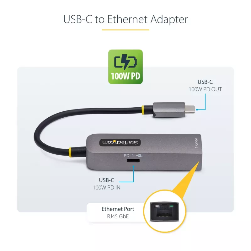 StarTech.com USB-C naar Ethernet-adapter, NIC, 100W PD-passthrough, USB 3.0 Type-C 1 Gbit/s multi-speed netwerkadapter, Thunderbolt-compatibel, Windows & Mac