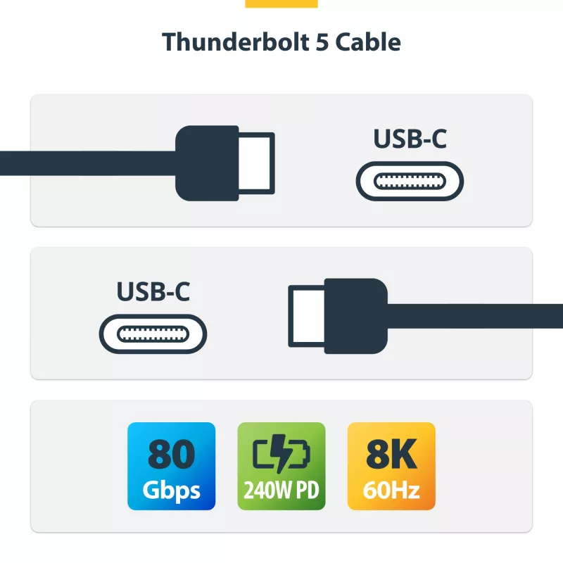 StarTech.com 2.6ft (80cm) Thunderbolt 5-kabel, 80 Gbit/s/ tot 120 Gbit/s, 240 W PD, 8K 60 Hz, gecertificeerde Thunderbolt-kabel – compatibel met Thunderbolt 4/USB4/USB-C