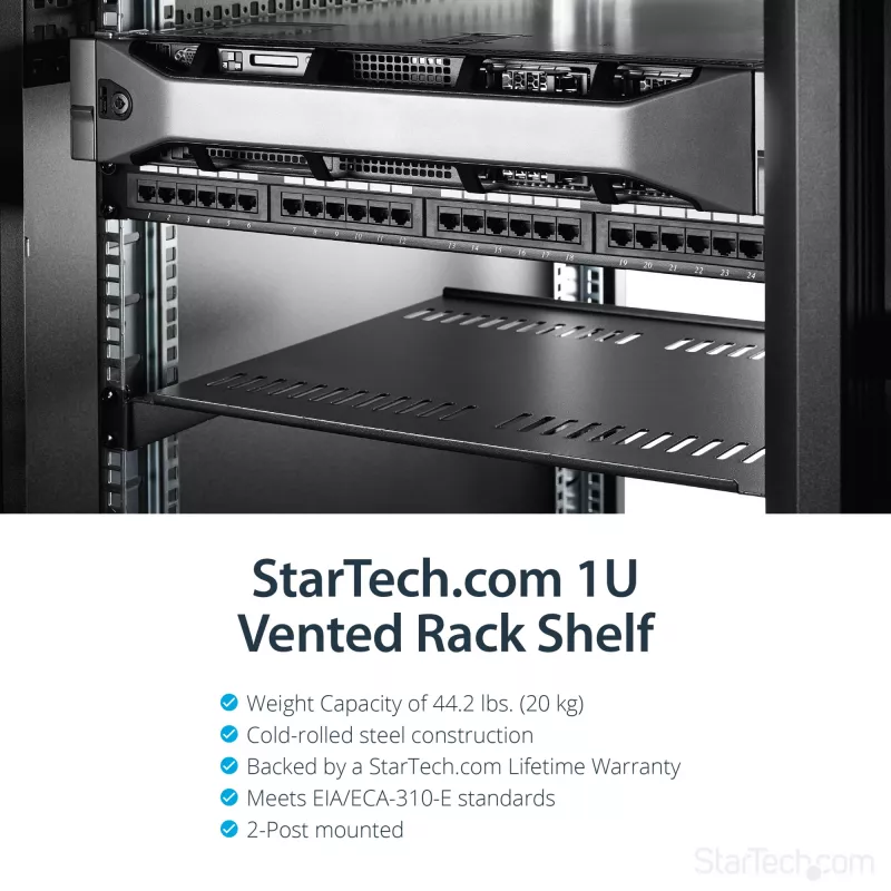 StarTech.com 1U serverrack-legbord – universele geventileerde rack-montage cantilever lade voor 19 inch netwerkapparatuur-rack & kast – hoogbelastbaar staal – draagvermogen 44lb/20kg – 16 inch diepe lade, zwart