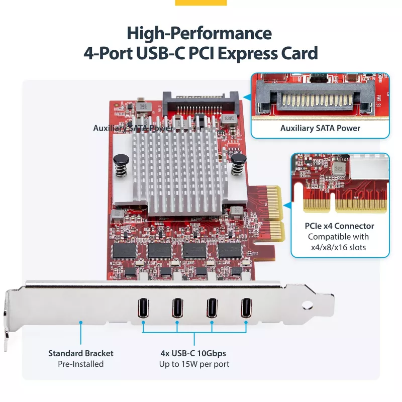 StarTech.com 4-poorts USB Type-C PCIe-kaart, USB 3.2 10Gbps, USB-C PCI Express-uitbreidingskaart, 4x onafhankelijke USB-controllers, Windows/Linux/macOS, TAA-conform