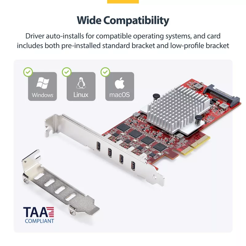 StarTech.com 4-poorts USB Type-C PCIe-kaart, USB 3.2 10Gbps, USB-C PCI Express-uitbreidingskaart, 4x onafhankelijke USB-controllers, Windows/Linux/macOS, TAA-conform
