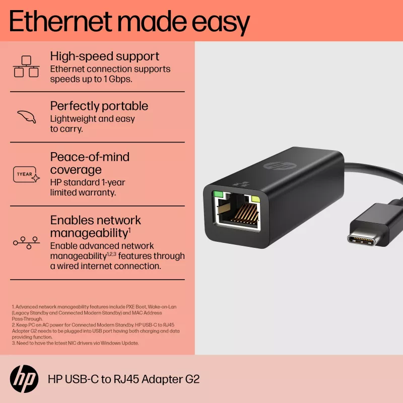 HP USB-C naar RJ45 adapter G2, bedraad, USB Type-C, zwart, China, thuis, Windows 10, Windows 11