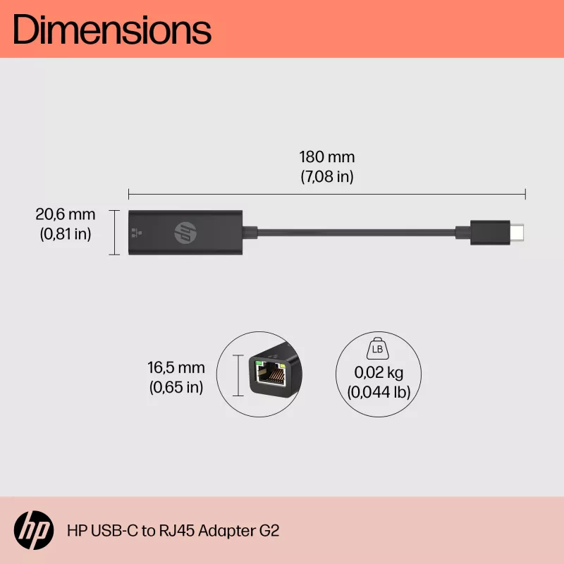 HP USB-C naar RJ45 adapter G2, bedraad, USB Type-C, zwart, China, thuis, Windows 10, Windows 11