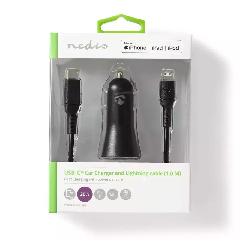 Nedis CCPDL20W111BK autolader 20W, 1x USB-C, Lightning 8-pins kabel, zwart