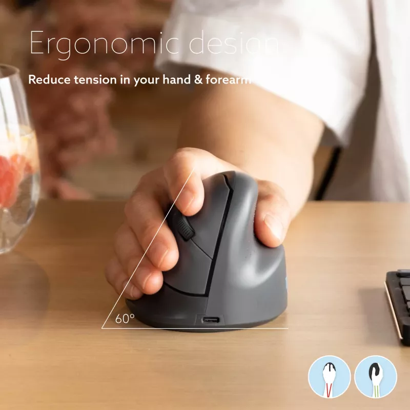 R-Go Tools verticale muis R-Go HE Basic, ergonomische muis, middelgroot (handgrootte ≥ 185 mm), rechtshandig, Bluetooth, grijs