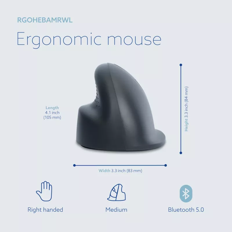 R-Go Tools verticale muis R-Go HE Basic, ergonomische muis, middelgroot (handgrootte ≥ 185 mm), rechtshandig, Bluetooth, grijs