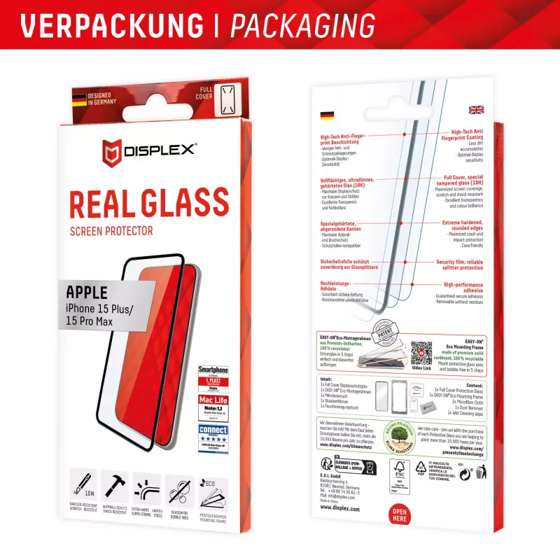 Displex Full Cover Screen Protector (10H) voor Apple iPhone 15 Plus/15 Pro Max, Eco-montageframe, volledige afdekking