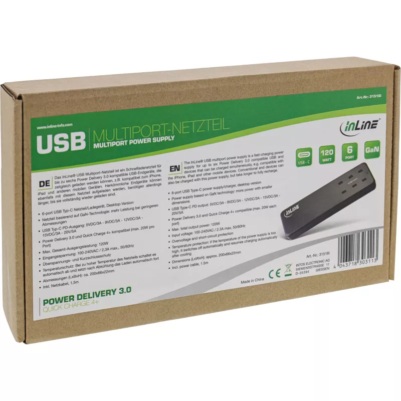 InLine multiport-voeding, oplader, 6x USB-C, PD 3.0, GaN, zwart