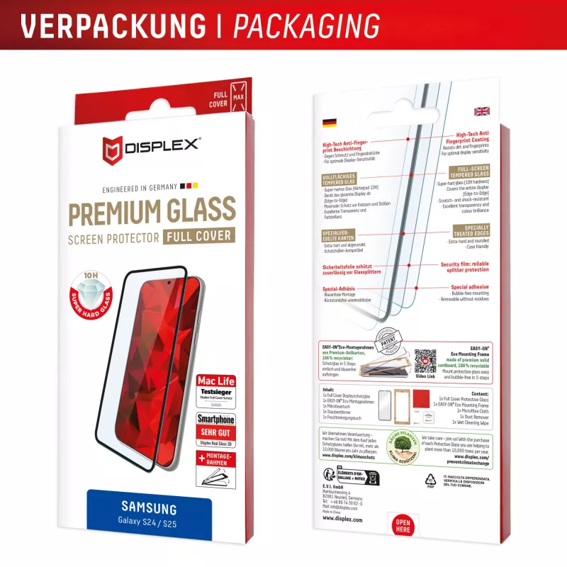 Displex Full Cover Screen Protector (10H) voor Samsung Galaxy S24/S25, Eco-montageframe, volledige afdekking