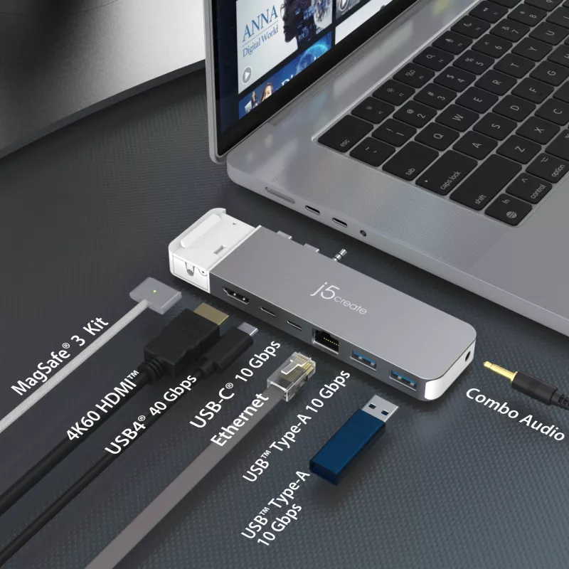 USB hub j5create JCD395 4K60 Elite Pro bedraad USB4 met MagSafe kit