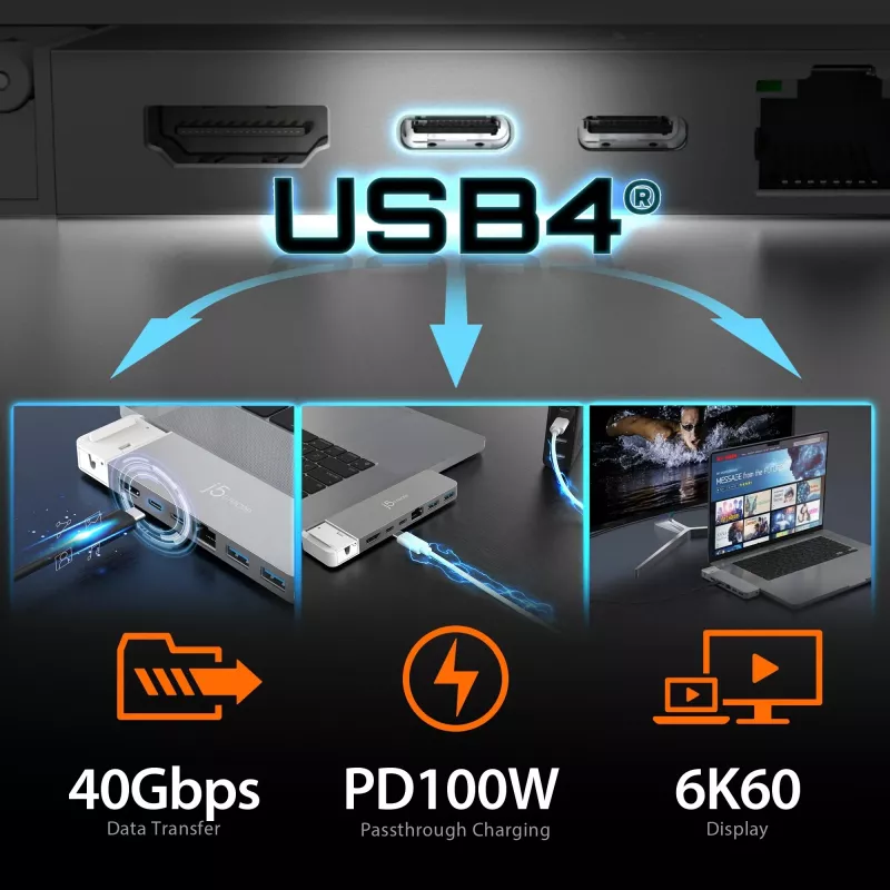 USB hub j5create JCD395 4K60 Elite Pro bedraad USB4 met MagSafe kit