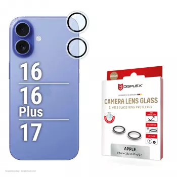 Displex Premium camera-lensglas, iPhone 16/16 Plus/17 glas, 10H, Single Rings, DLC, transparant, Quick Mount