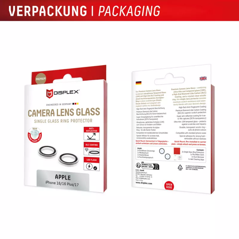 Displex Premium camera-lensglas, iPhone 16/16 Plus/17 glas, 10H, Single Rings, DLC, transparant, Quick Mount