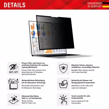 Displex PRIVACY SAFE uitneembare 2-weg privacyfilter voor laptop/notebook (randloos/frameless) 15,6'' (16:9)