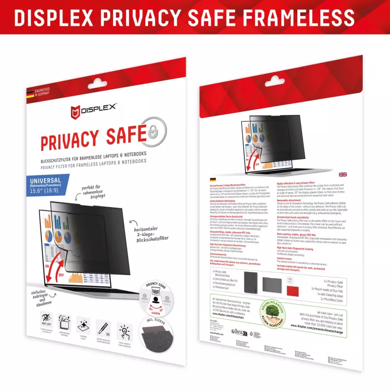 Displex PRIVACY SAFE uitneembare 2-weg privacyfilter voor laptop/notebook (randloos/frameless) 15,6'' (16:9)