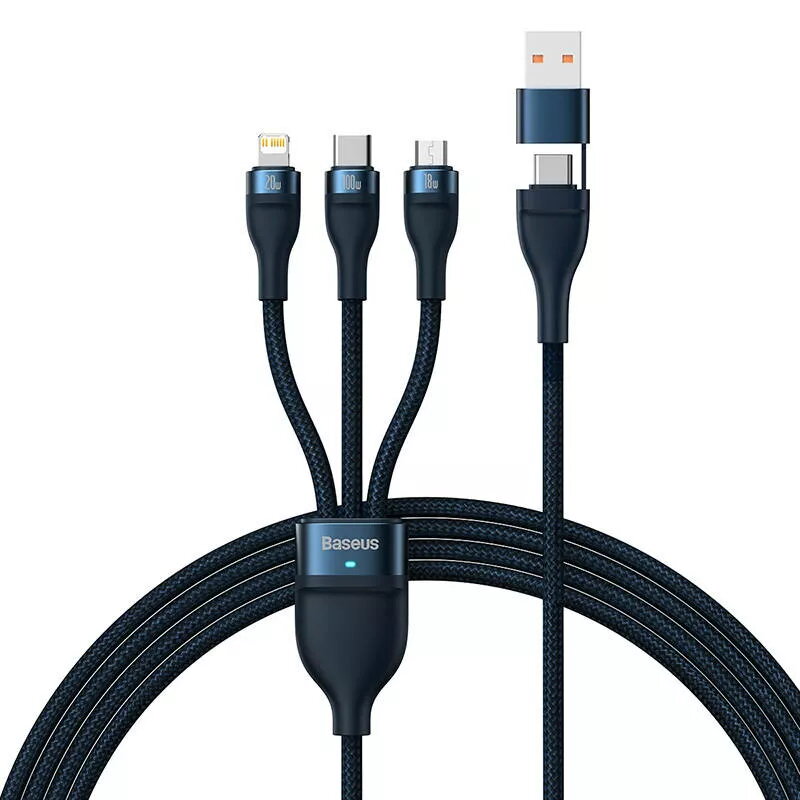 Baseus Flash Series 2 3-in-1 USB-kabel, USB-C + Micro USB + Lightning, 100 W, 1,2 m, blauw