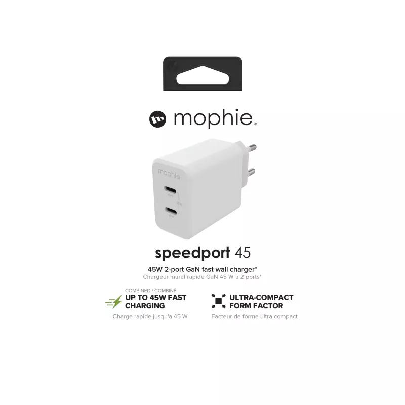 mophie-accessoire, netadapter – USB-C-PD-DUAL-45W-GAN – wit – EU (2x USB-C)